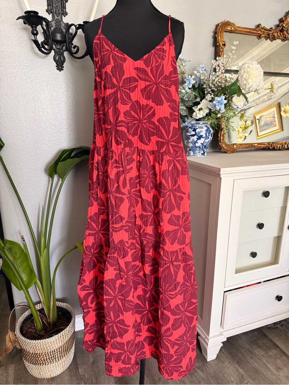a new day Red Floral Tiered Maxi Dress with Spaghetti Straps